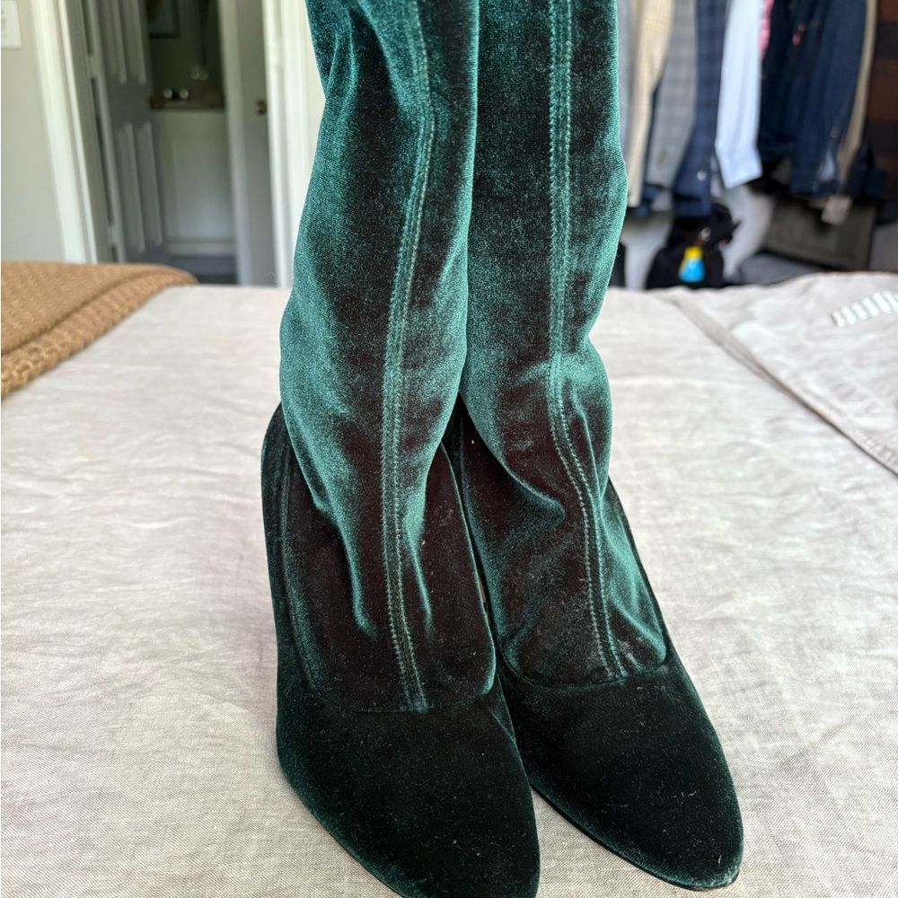Manolo Blahnik Emerald Green Velvet Heeled Boots